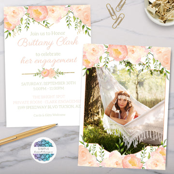 peach floral bridal shower party invitations with photo and gold accents
